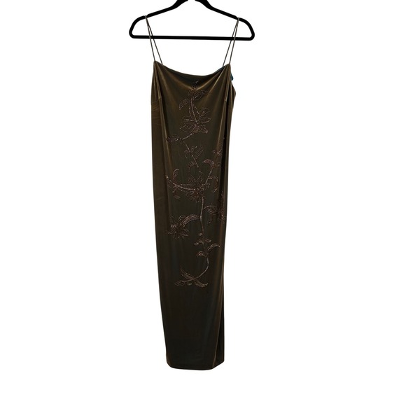 Vintage Y2K Donna Morgan Olive Green Velvet‎ Beaded Slip Dress - Picture 3 of 12